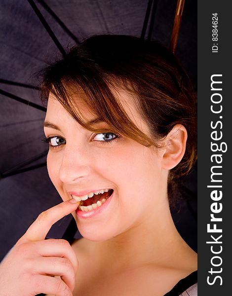 Front View Of Happy Woman With Umbrella