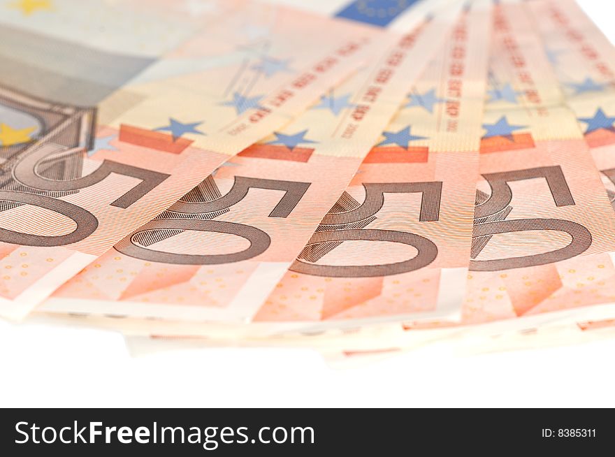 Bunch of 50 euro notes on white background. Bunch of 50 euro notes on white background