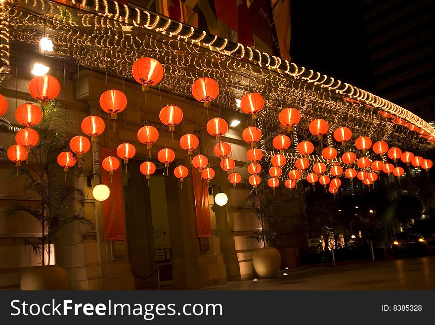 The Chinese lamps at an entrance in hotel, Singapore, night