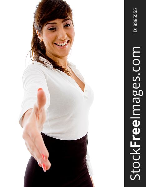 Side pose of smiling businesswoman offering handshake on an isolated white background