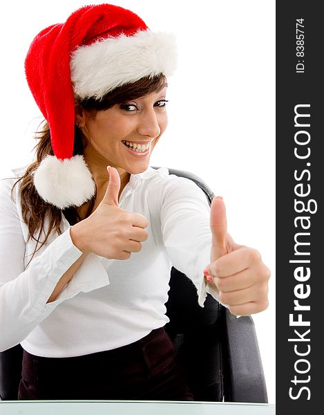 Front view of christmas woman with thumbs up with white background