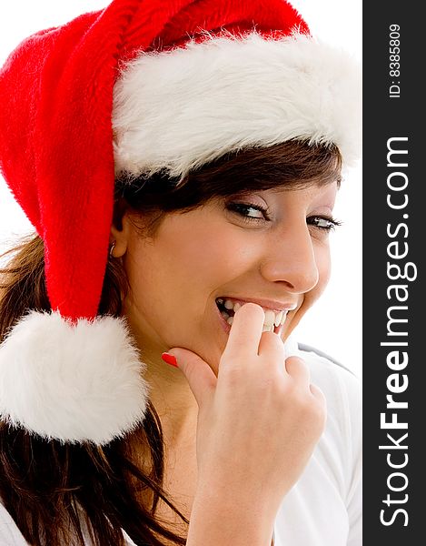 Side pose of smiling christmas woman against white background