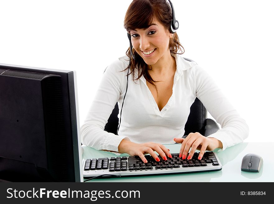 Front view of female customer care with white background