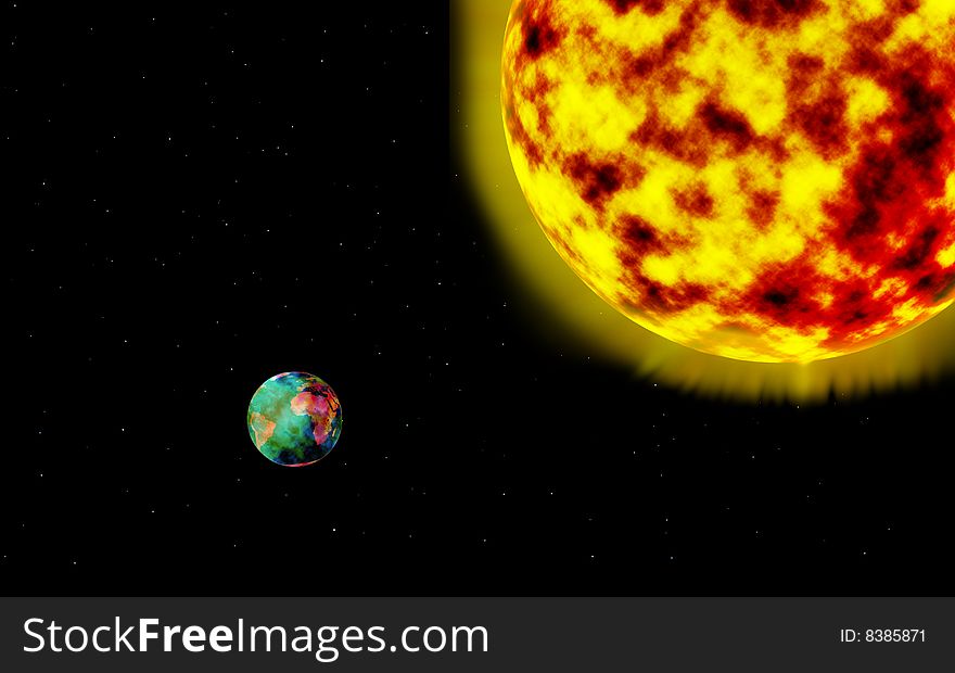 Big hot sun shining on to our little earth, the earth has an destroyed atmosphere. Big hot sun shining on to our little earth, the earth has an destroyed atmosphere