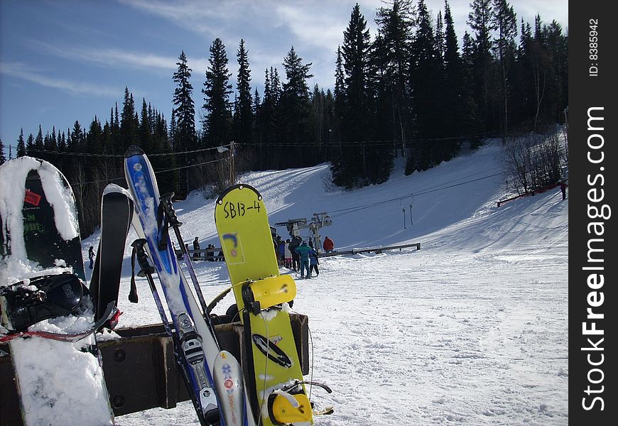 Snowboards At The Ski Hill