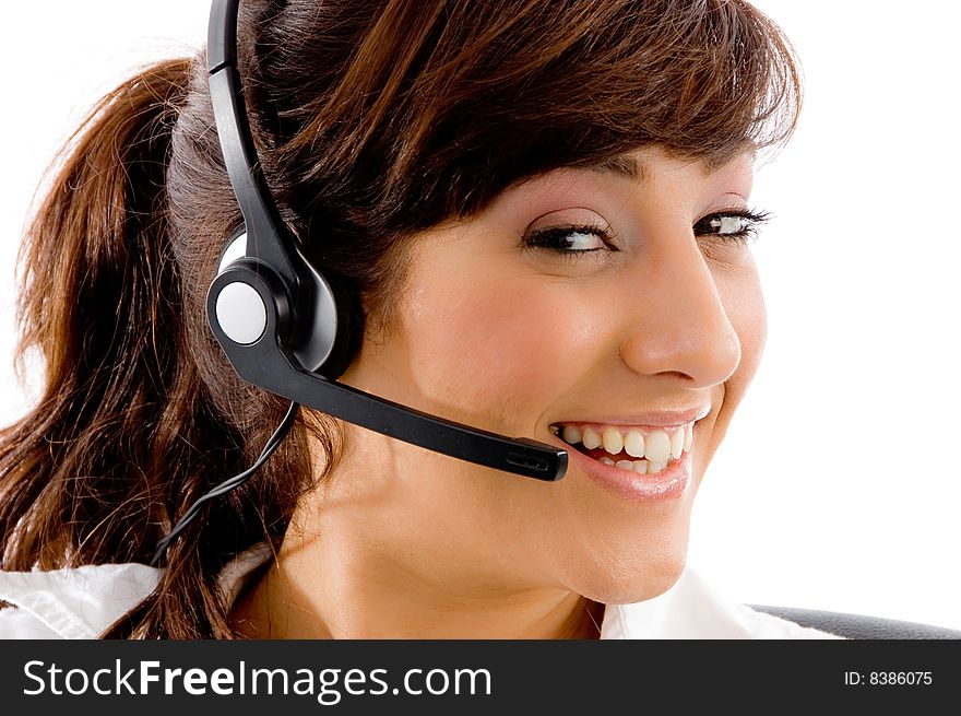 Portrait of cheerful female customer care on an isolated white background