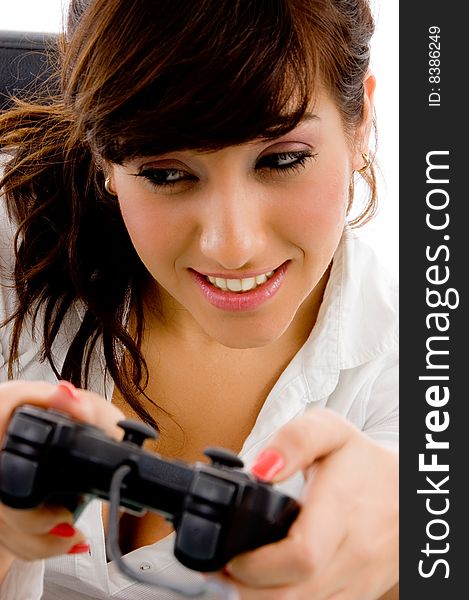 Close view of young woman playing videogame