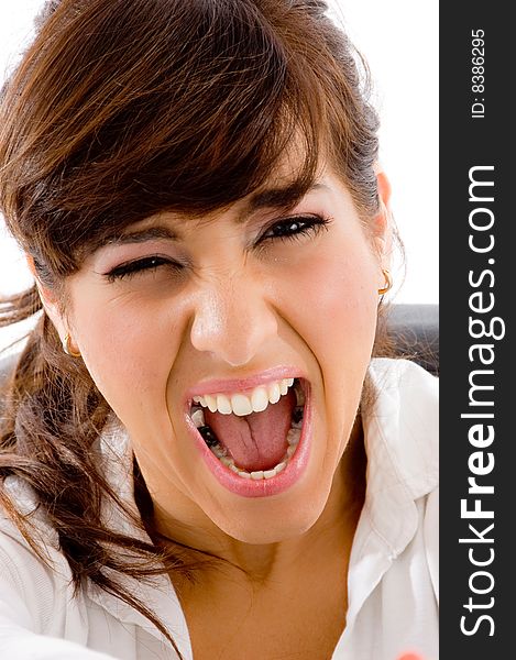 Portrait of yelling female on an isolated background