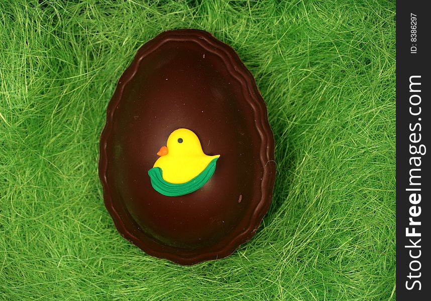 Chocolate decorated egg on the grass background. Chocolate decorated egg on the grass background