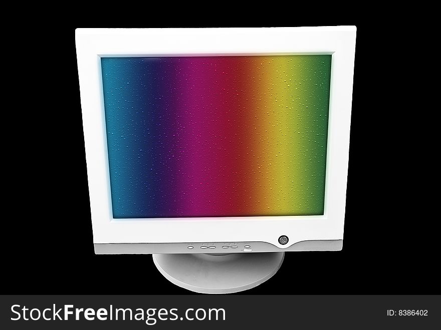 An old computer monitor with a rainbow screen  on the black background. An old computer monitor with a rainbow screen  on the black background.
