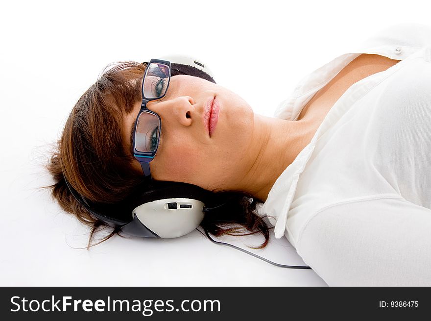 Top view of  female with headphone with white background