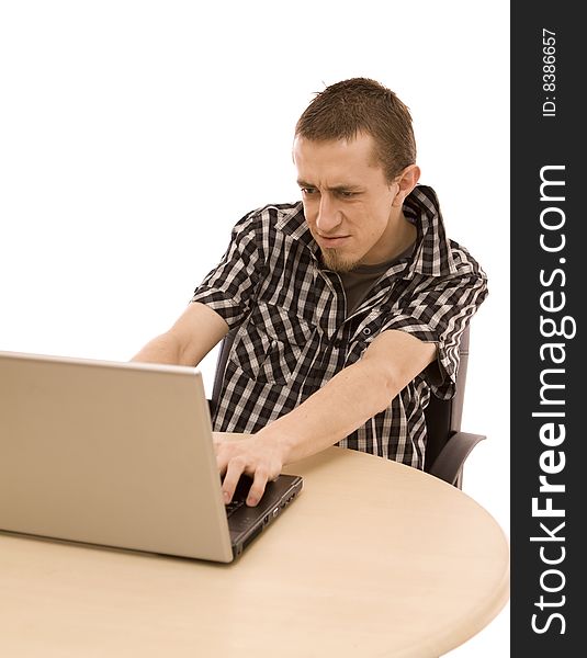 Man with laptop on white. Man with laptop on white
