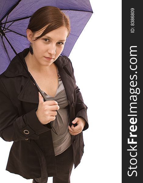 Woman with umbrella on a white background