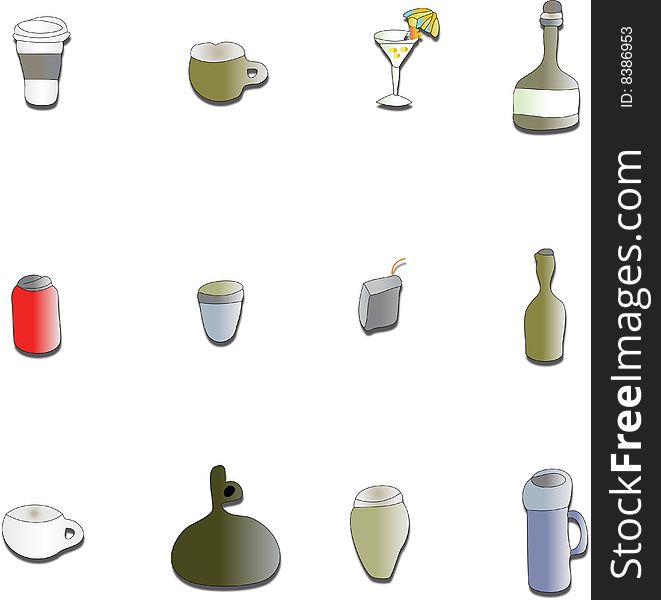 A collection of sixteen different types of drink containers. A collection of sixteen different types of drink containers.