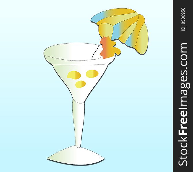 An illustration of a martini cocktail over a blue background.