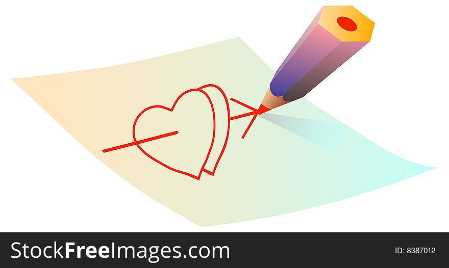 Pencil drawing  arrow shoot to the two hearts. Pencil drawing  arrow shoot to the two hearts.