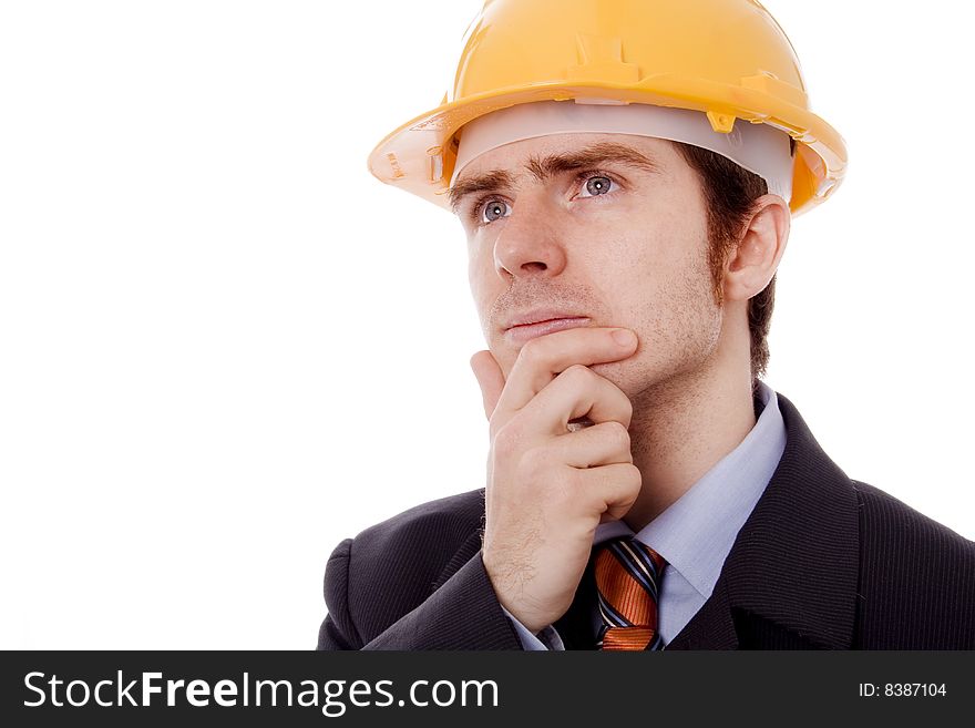Young business man with yellow helmet white isolate