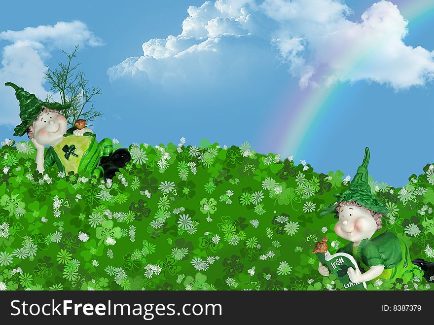 Irish leprechauns in a shamrocks with rainbow. Irish leprechauns in a shamrocks with rainbow.