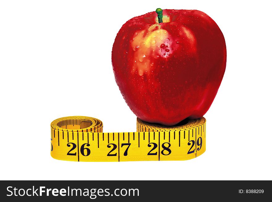 Depicted is a red apple on the measuring tape- isolated over white