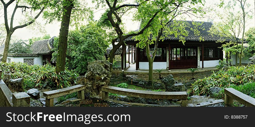 Scenic view of pavilion in landscaped chinese garden, Suzhou city, Jiangsu province, china.