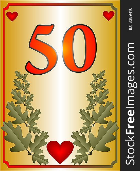 Number 50, red hearts and oak leaves on a gold background. Number 50, red hearts and oak leaves on a gold background.