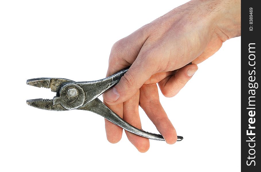 Hand holding metallic pliers. isolated