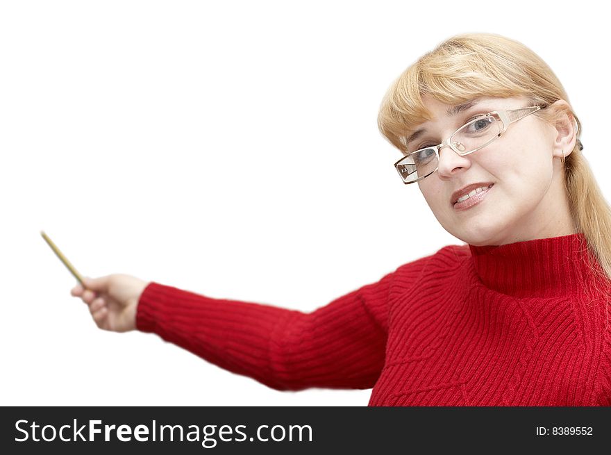 Adult attractive woman with pointer isolated on white background