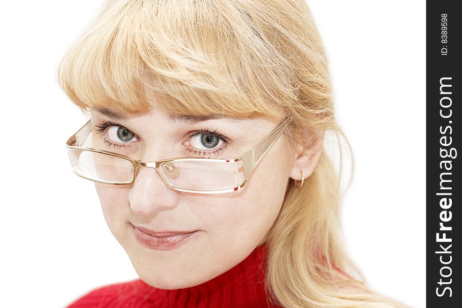 Portrait of beautiful woman with glasses on white background