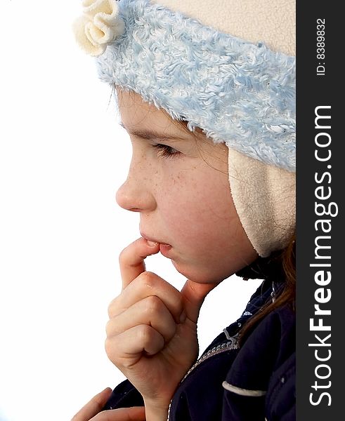 Portrait of thoughtful girl on white background