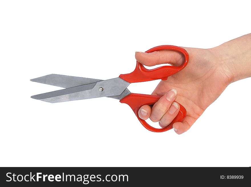 Arm holding red scissors. isolated