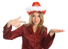Girl In A Hat And Jacket Indicate, Isolated; Stock Photography