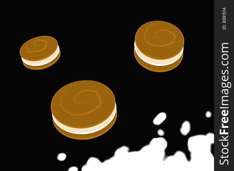 Three chocolate cookies stuffed with cream jumping into the milk on a black background. Digital drawing. Coloured Picture. Three chocolate cookies stuffed with cream jumping into the milk on a black background. Digital drawing. Coloured Picture.