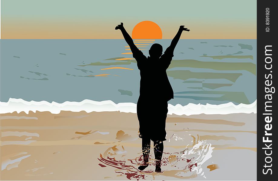 Illustration with girl silhouette in sea