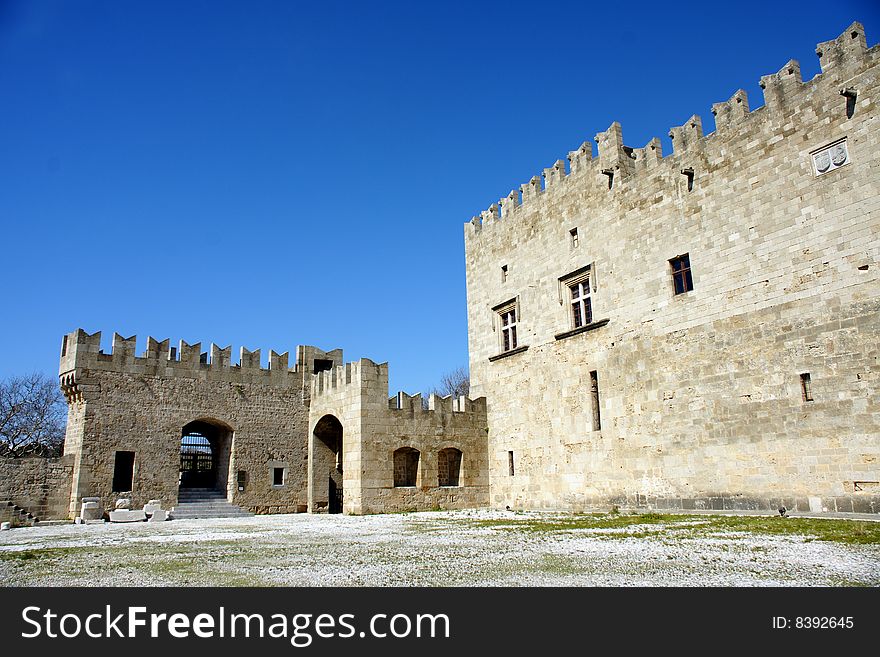 Exterior of a medieval castle in Rhodes island, Greece