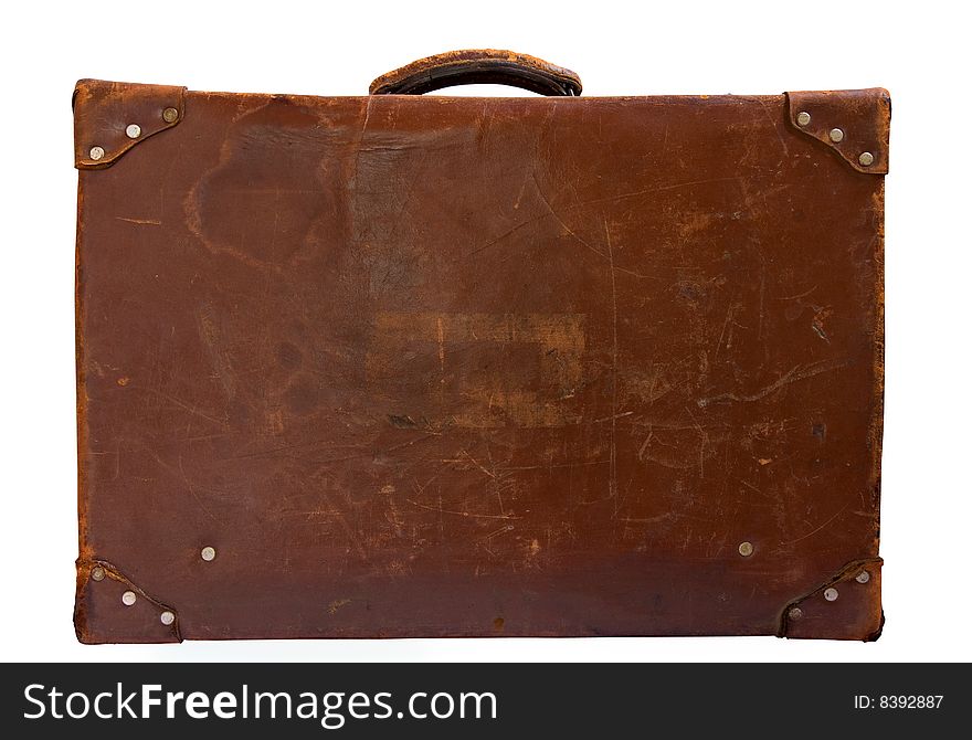 Old leather suitcase isolated on white,side view. Old leather suitcase isolated on white,side view