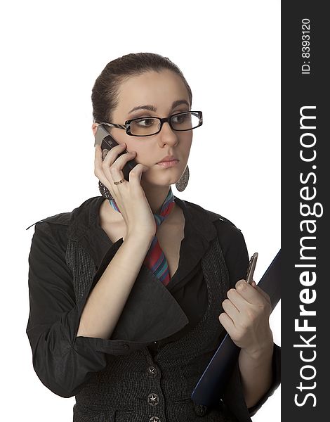 Young woman with phone and pen over white background. Young woman with phone and pen over white background