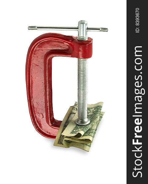 The dollar clamped by a red clamp. White background. The dollar clamped by a red clamp. White background.