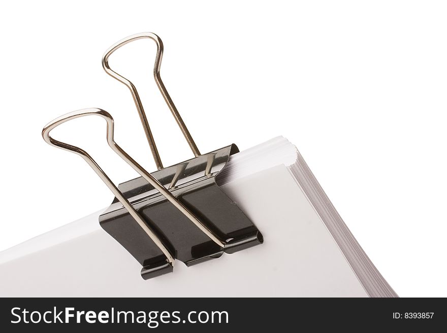 Block of paper attached with paperclip isolated on white background