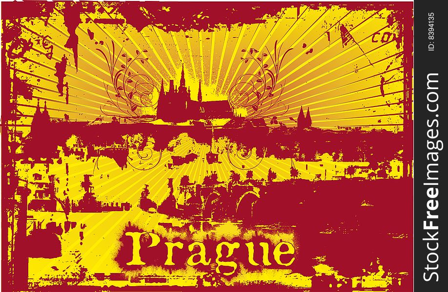 A red and yellow illustration of Prague