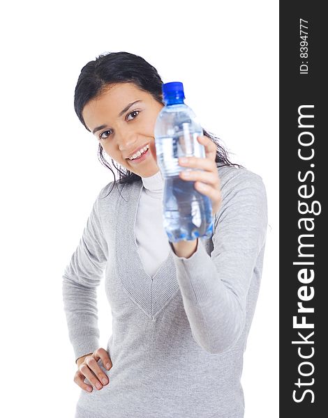 Young woman holding bottle with water