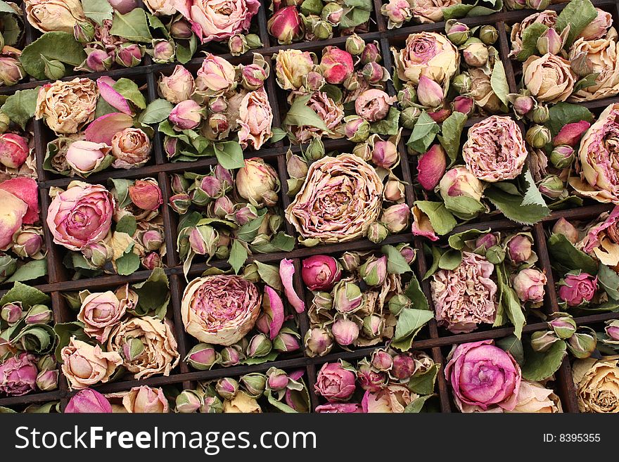 Dried roses in a wooden box