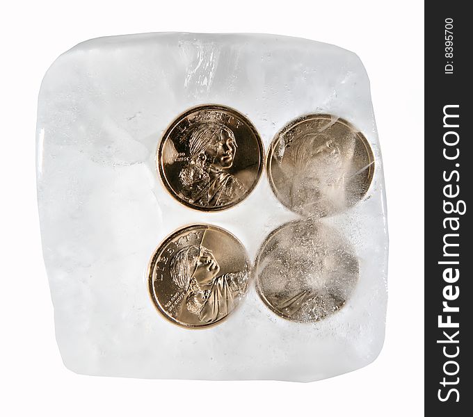 Frozen Currency: Four American Dollars Frozen in Ice