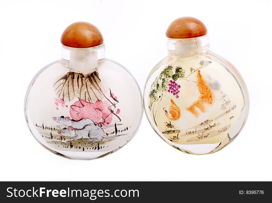 Snuff bottles with inside painting on white.It has more than 100 years of history.