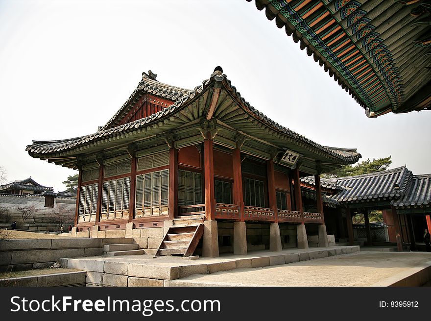 Buddhist Temple with roofing in foreground