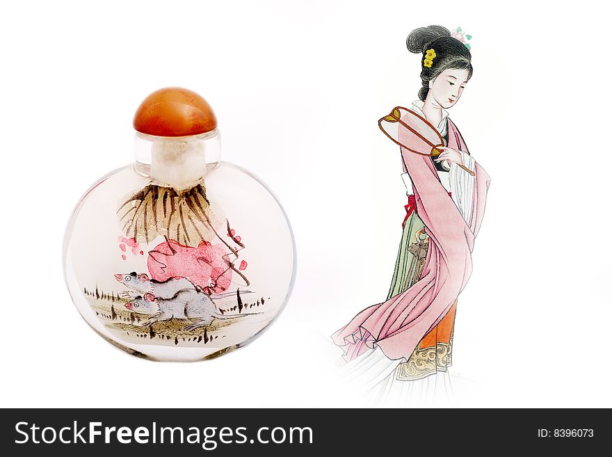 Snuff bottle with inside painting on hand.It has more than 100 years of history.

The right-hand picture is a Chinese old painting.