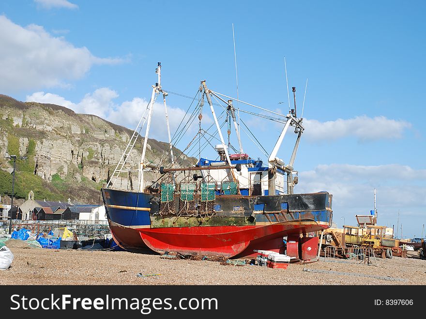 Old fishing boat on the beach at Hastings.