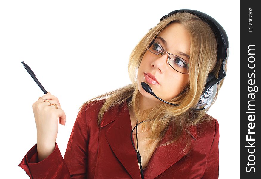 Girl In Glasses With Headset And Pen, Isolated