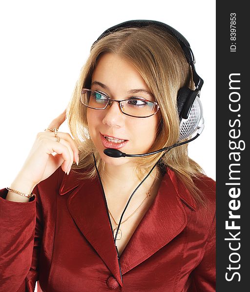 Friendly support girl with headset, isolated
