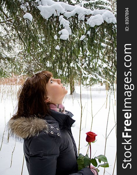 Girl with rose under the tree full of snow