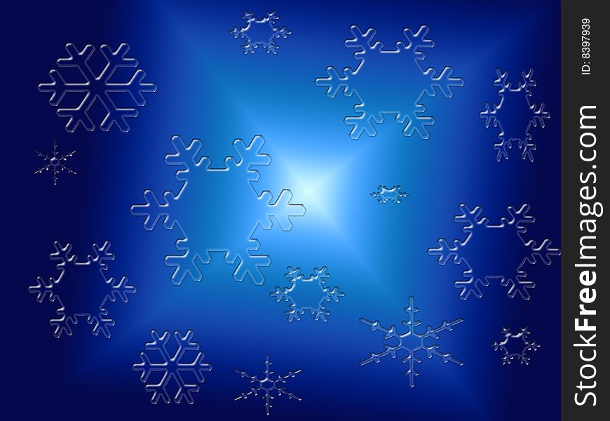 Falling glass snowflakes on a dark blue background